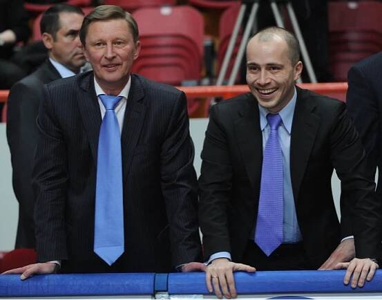 Russian Vice Premier Sergei Ivanov and ChronoPay co-founder at a Russian Basketball League game.