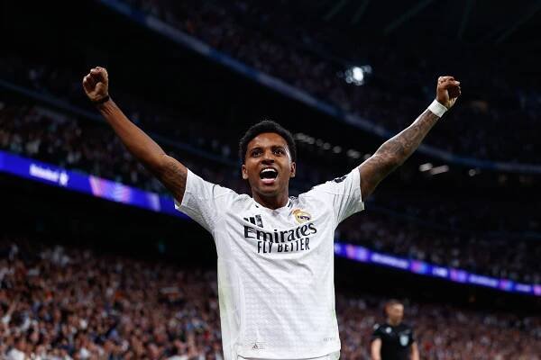 Rodrygo Goes of Real Madrid celebrates a goal.