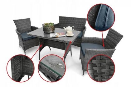Zahradní ratanový nábytek LIDO (lavička + 2 křesla + stůl) - černý