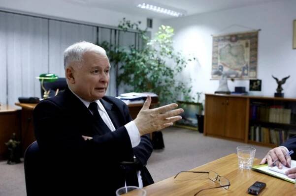 FILE PHOTO: Leader of Law and Justice party Kaczynski speaks during an interview with Reuters in his office at party headquarters in Warsaw