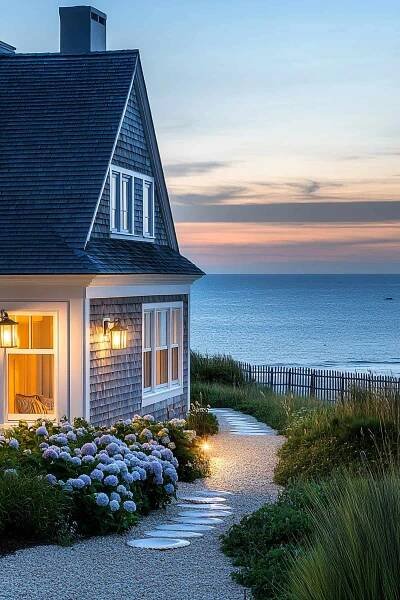 Charming Coastal Cape Cod house with shingle siding, gabled roof, and ocean-view porch.