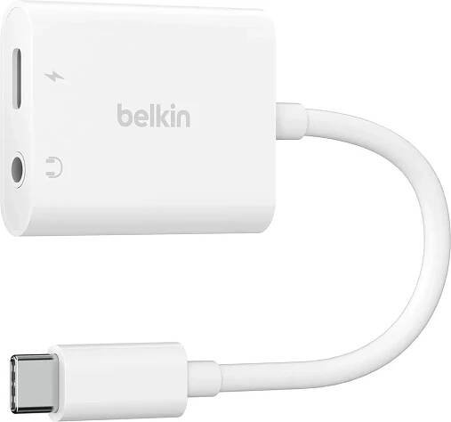Belkin USB-C adaptér/rozdvojka 1x USB-C M/ 1x USB-C F napájení 60W + 1x 3,5mm jack, bílý