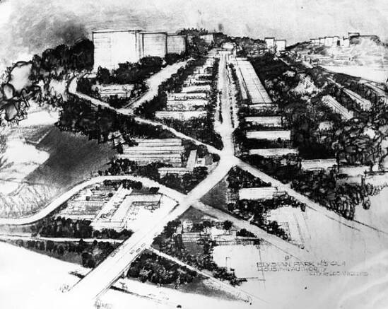 Artist's rendering of Elysian Park Heights, the low-income housing development slated to replace the community Chavez Ravine. Courtesy of the Herald-Examiner Collection, Los Angeles Public Library.