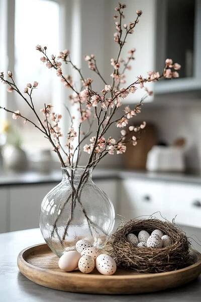 a glass vase filled with eggs sitting on top of a wooden tray next to a bird's nest