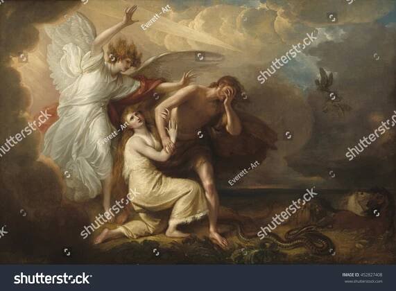 Stock ilustrace „Vyhnání Adama a Evy z ráje,“ 452827408