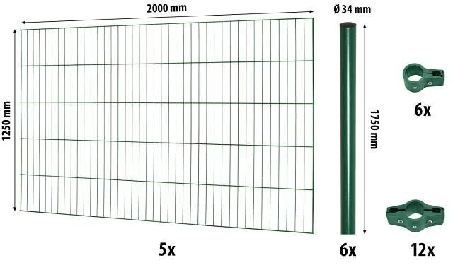 Floraworld Sada drátěných plotových panelů se sloupky, zelená, 125 cm x 10 m