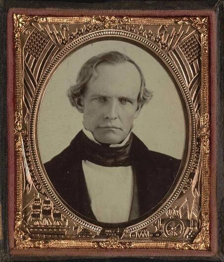 Governor Peter Burnett, first governor of the State of California (1849–1851). Burnett was a former slaveholder from Tennessee who wanted to create an all-white American West. While a legislator in Oregon in the 1840s, he helped pass a law to ban all African Americans from living in the state. Although he tried, he was unsuccessful in passing a similar law in California. <br /> Peter Hardeman Burnett (1807-1895), first Governor of California, Zelda Mackay collection, BANC PIC 1905.16242:037-CASE, The Bancroft Library, University of California, Berkeley