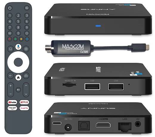 Mascom Sunny-T Android TV box s DVB-T2 tunerem, 4K HDR, WiFi, BT, Oneplay, Netflix