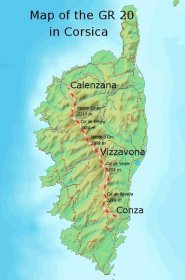 Mapa Korsiky s vyznačenou stezkou GR 20