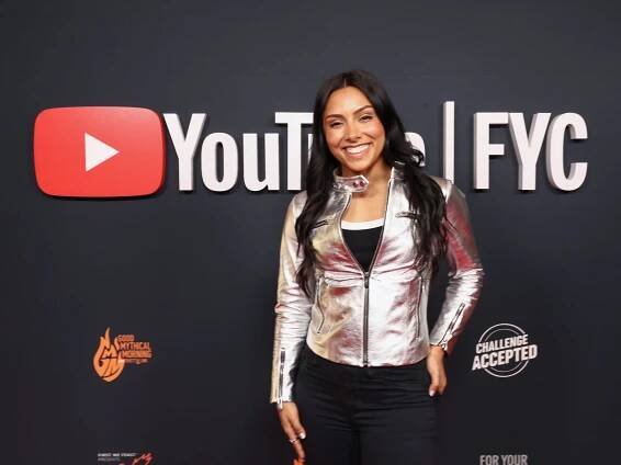 Michelle Khare at YouTube's first-ever FYC event, wearing a silver motorcycle jacket.