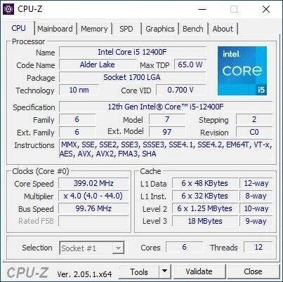 CPU-Z - Intel Core i5-12400F