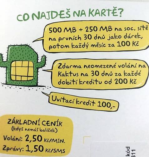SIM karta KAKTUS 750MB 100Kč kredit