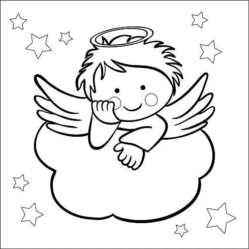 an angel sitting on top of a cloud with stars in the sky behind it, coloring page
