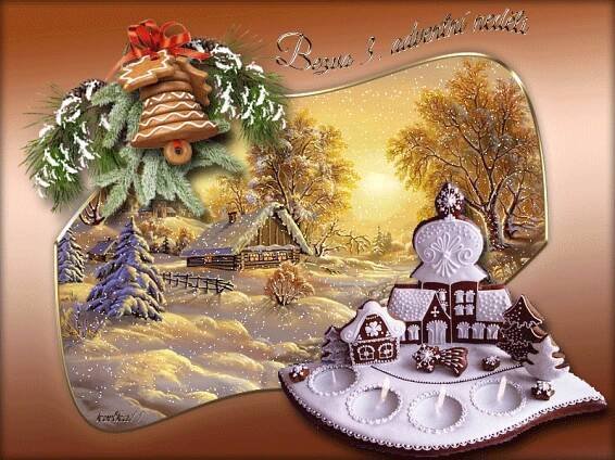 a christmas card with a gingerbread house in the snow and a bell on top