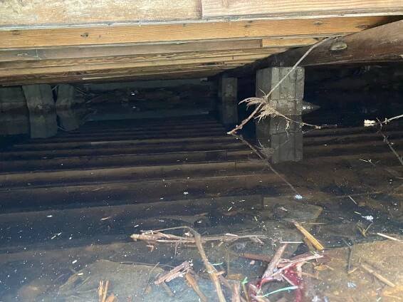 A wooden floor with a lot of water underneath it.