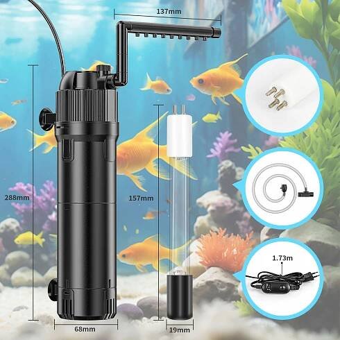 VNITŘNÍ FILTR 5 V 1 S UV LAMPOU 800L/H PRO Akvárium Max 300L Druh biologický mechanický