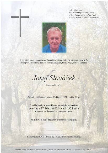Smuteční oznámení pana Josefa Slováčka - Francova Lhota