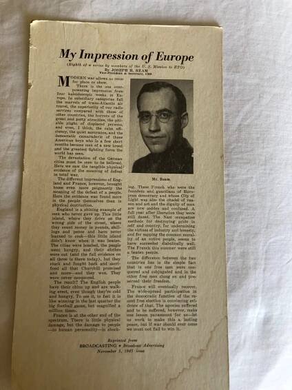 Joseph Harold Ream - WWII Europe CBS Letter - 1945