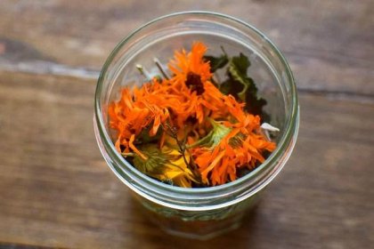 homemade dried flower and herb potpourri in a mason jar