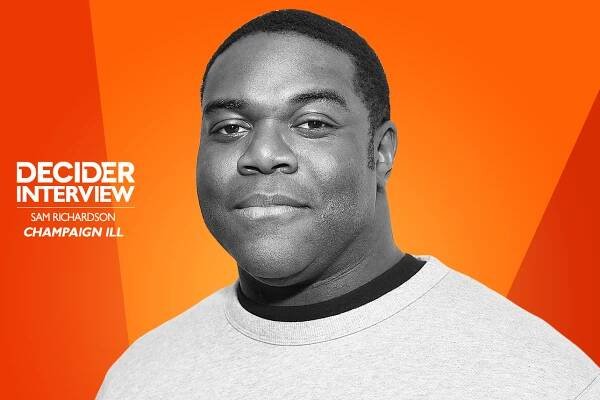 sam richardson in black and white on a bright orange background
