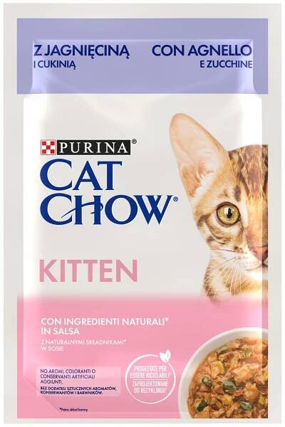 Purina Cat Chow Kitten, mokré krmivo s jehněčím a cuketou v omáčce. S přírodními ingrediencemi, bez umělých aromat, barviv a konzervantů. Obal recyklovatelný.