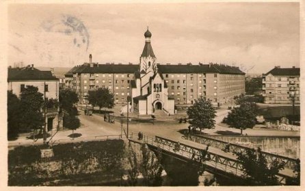 Olomouc, Pravoslavný kostel, most, prošlá 1940, bez známky - Pohlednice místopis