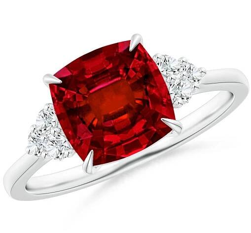 8mm Labgrown Lab-Grown Cushion Ruby Engagement Ring with Trio Diamonds in White Gold