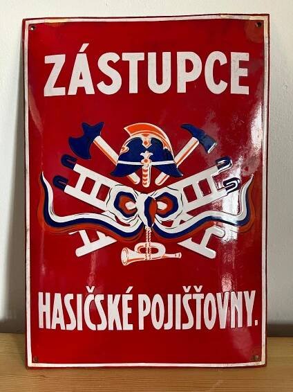 Stará smaltovaná reklamní cedule HASIČSKÁ POJIŠŤOVNA - banka - záložna