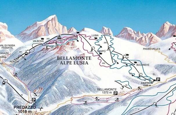Lyžařská mapa sjezdovek areálu Alpe Lusia - Bellamonte