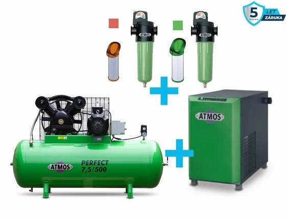 Atmos Sestava kompresor + sušička + filtrace - SAP7,5/500YD příkon 7,5 kW, výkon 920 l/min, 10 bar, vzdušník 500 l, sušička, filtrace