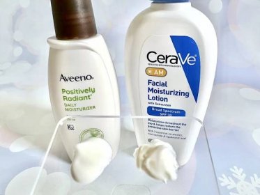 Aveeno Positively Radiant Daily Face Moisturizer Broad Spectrum SPF 30 and CeraVe AM Facial Moisturizing Lotion with Sunscreen, with samples on clear spatula.