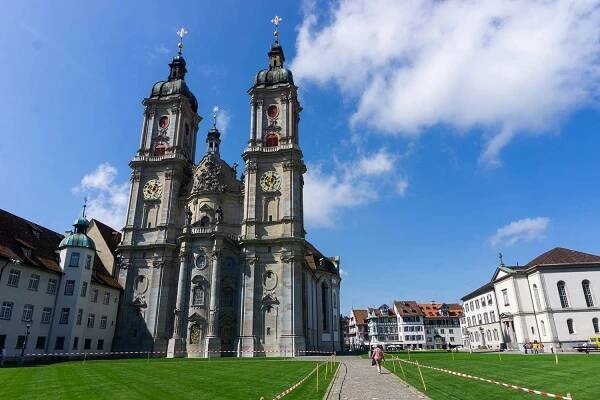 The facade of a church in St. Gallen, Switzerland.