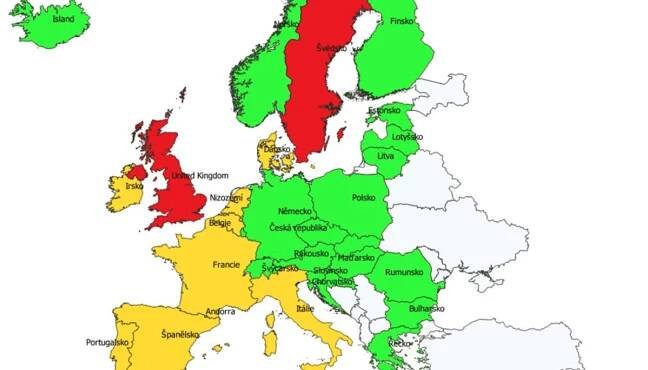 Mapa české vlády k rizikovosti cestování po Evropě