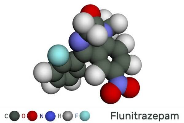 molekula léku flunitrazepam. má hypnotické, sedativní, anxiolytické vlastnosti. molekulární model - benzodiazepin - stock snímky, obrázky a fotky