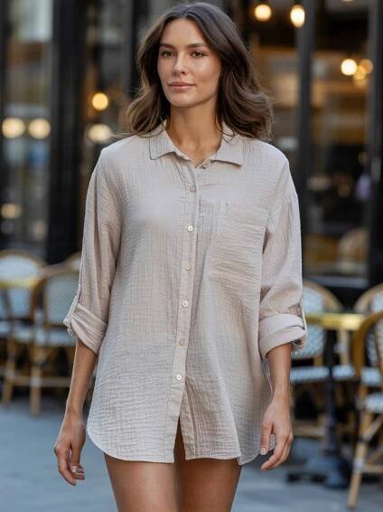 MUŠELÍNOVÁ KOŠILE DLOUHÁ VOLNÁ OVERSIZE TUNIKA DÁMSKÁ DLOUHÝ RUKÁV BÉŽOVÁ Značka New Collection