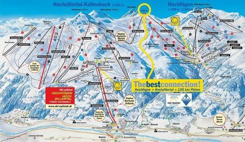 Hochfügen - Hochzillertal - Kaltenbach - lyžařská mapa, skimapa sjezdovek a lanovek, zimní panorama ski areálu