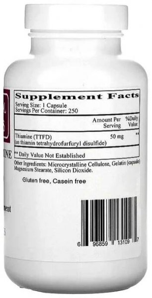 All thiamine (Vitamin B1) TTFD, 50 mg, 250 kapslí, Ecological Formulas - Obrázek 2