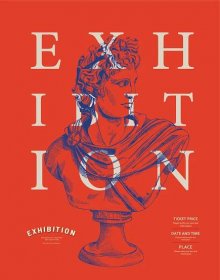 Art poster featuring a Greek statue on red background with white text overlay