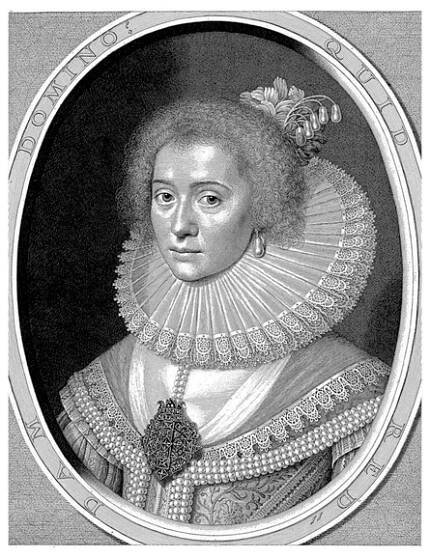Portrét Amalie van Solms, Willem Jacobsz. Delff, podle Michiela Jansze van Mierevelta, 1626 Portrét Amalie van Solms, busta s krajkovým rukávem a perlami na šatech, ornamenty. — Stock obrázek