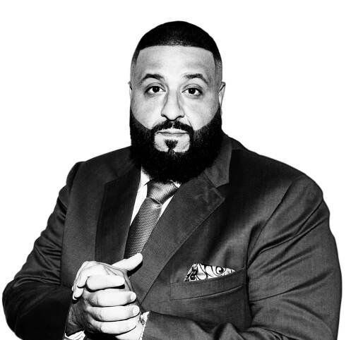 Black and white portrait of DJ Khaled wearing a suit, associated with Sound Royalties.