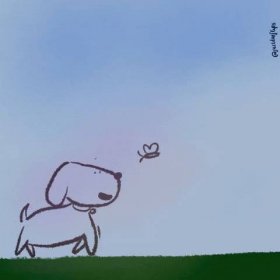 Kreslená animace s běhajícím veselým pejskem na trávě chytajícím motýla. 