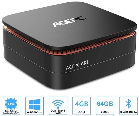ACEPC AK1 Mini PC, Windows 10 (64-bit) Intel Celeron Apollo Lake J3455 Processor(up to 2.3GHz) Desktop Computer,4GB DDR3/64GB eMMC,2.4G+5G Dual WiFi,Gigabit Ethernet,BT 4.2,4K