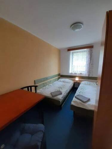 Postel nebo postele na pokoji v ubytování Nad rybníkem Hnačov - rodinný rekreační areál