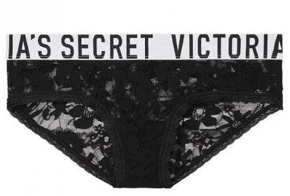 Victoria's secret kalhotky krajkové Hiphugger Hipster logo čern�é s...