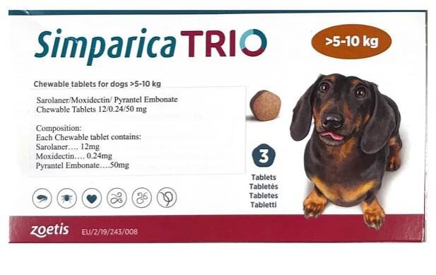Zoetis Simparica Trio Dog Tick and Flea Control Tablets, 1 Strip 3 Tabs