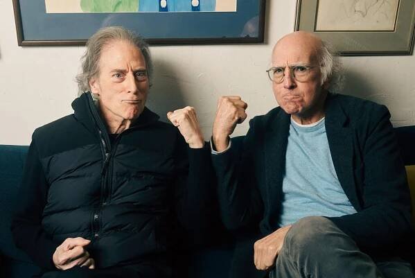Richard Lewis and Larry David are photographed in John O'Groats diner in Los Angeles, CA on January 10, 2024.