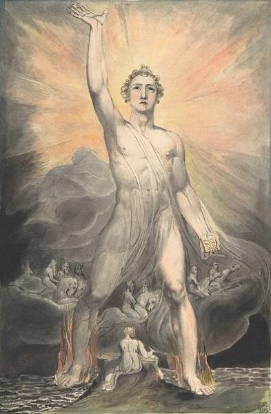 Watercolor painting depicting a large figure with an outstretched arm, surrounded by smaller figures and clouds.