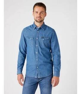 Pánská riflová košile WRANGLER W5F25K14V LS WESTERN SHIRT MID STONE velikost XXL