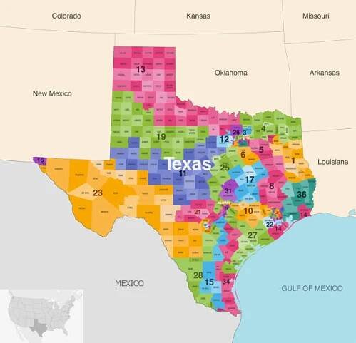 texaské státní okresy zbarvené vektorovou mapou kongresových okresů se sousedními státy a terrotoriemi - district map stock ilustrace