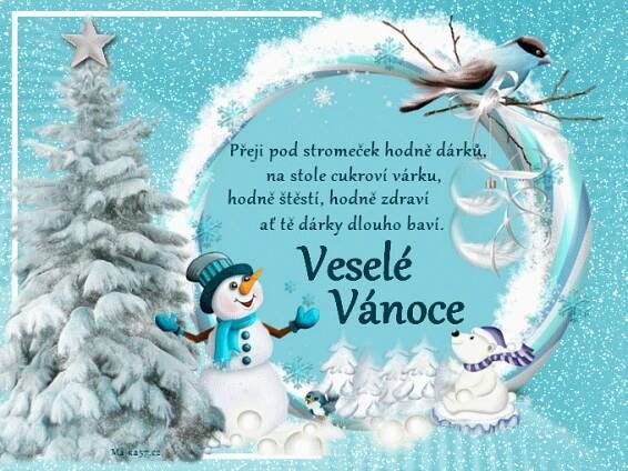 a christmas card with a snowman and two polar bears in front of a snowy tree